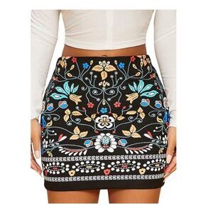 Floerns XL Boho Floral Embroidered Print Mini Skirt Navy Blue Stretchy Folk Art